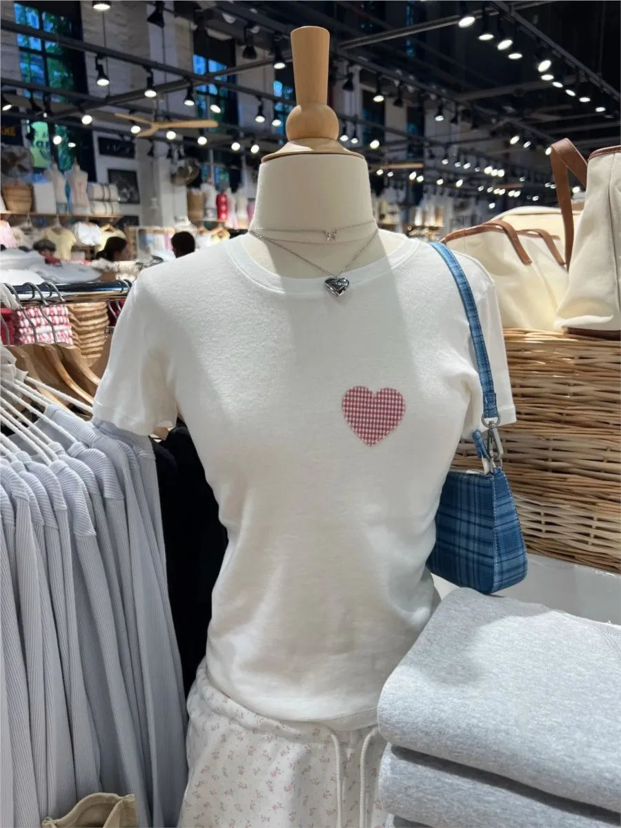 Sweet Plaid Heart Appliques T-shirt Women Summer Cotton O-neck Short Sleeve Tee Shirts Female Cute Preppy Style Tshirt Y2K Tops