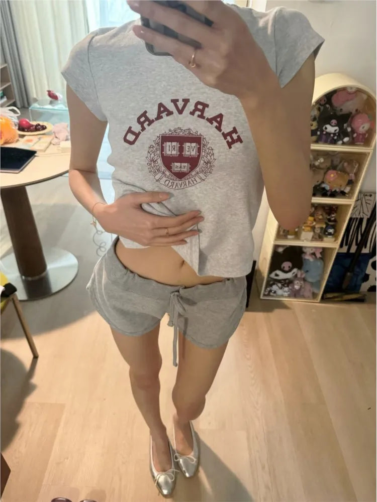 Letter Print Slim T-shirt Women Preppy Style O-neck Short Sleeve Cotton Tee Shirts American Vintage Harvard Pattern  Crop Tops