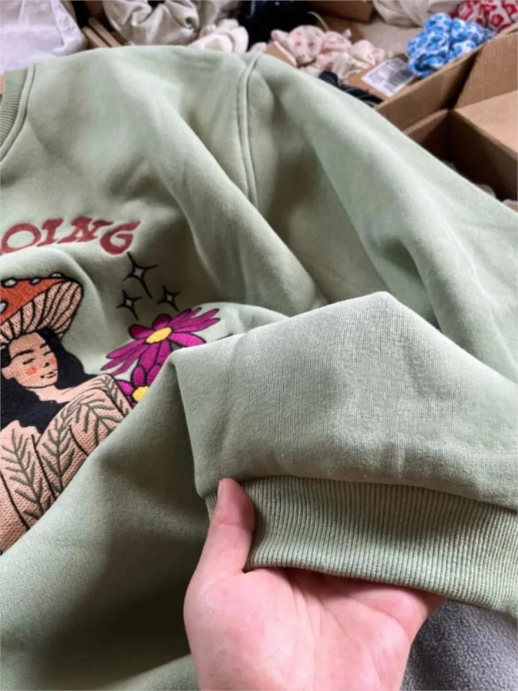 Y2K Mushroom Girl Embroidery Woman's Sweatshirt O-neck Long Sleeve Cotton Fleece Sport Pullovers Autumn Sweet Cute Hoodie Tops