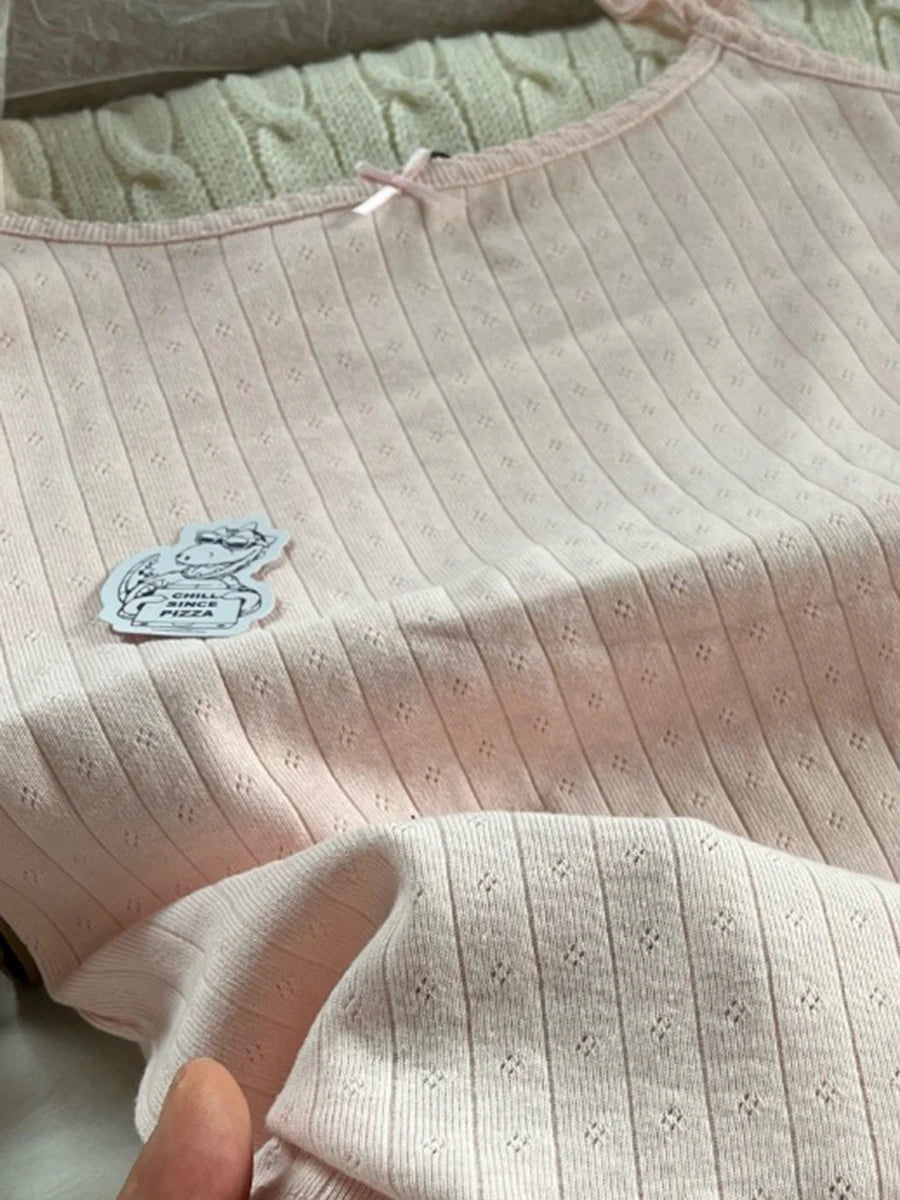 Sweet Pink Eyelet Bow Tank Tops Women Summer Casual Cotton Slim Lace Trim Sleeveless Vests Cute Preppy Style Camisole Y2K Top