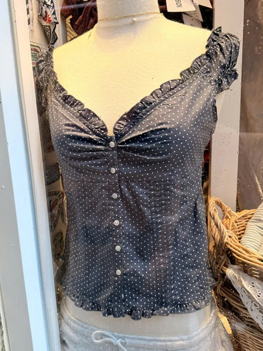 Polka Dot Navy Folds Blouse Tops Women Casual Single Breasted Ruffle Sleeveless Tank Tops Vest Vintage Preppy Style Vests Y2K