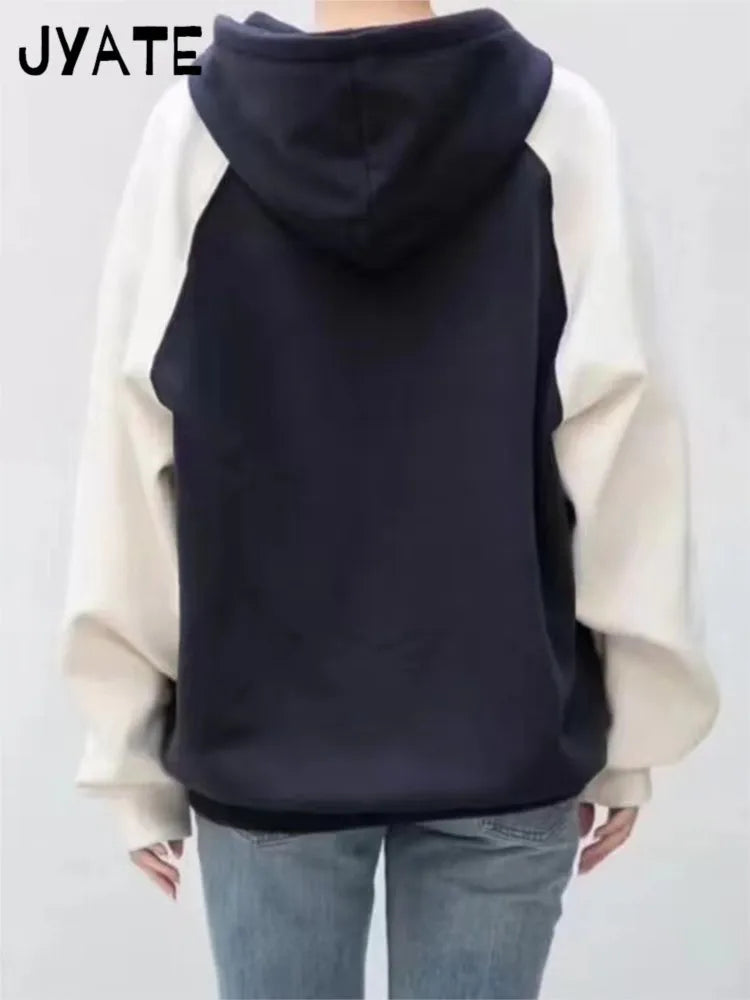 Harajuku Loose Patchwork Zip-up Hoodies Women Autumn Cotton Pockets Drawstring Casual Jacket Tops Vintage Chic Y2K Sweatshirts