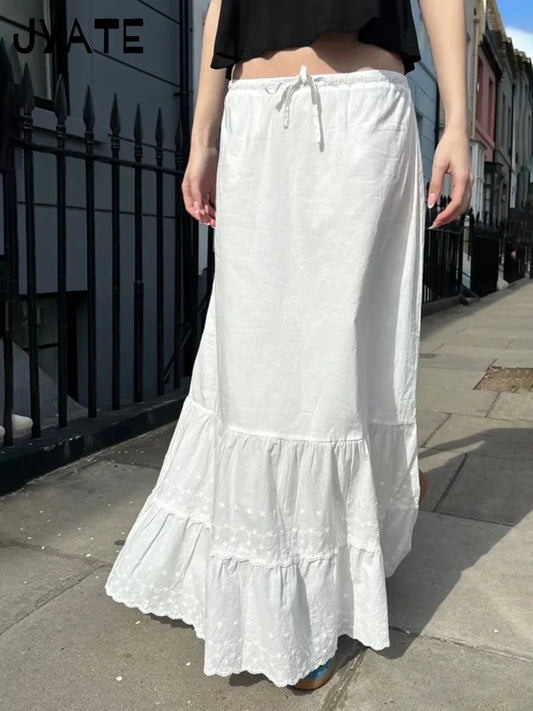 White Floral Embroidery Maxi Skirts Women New Cotton Lace Trim Drawstring High Waist Ruffles Long Skirt Vintage Sweet Faldas Y2K