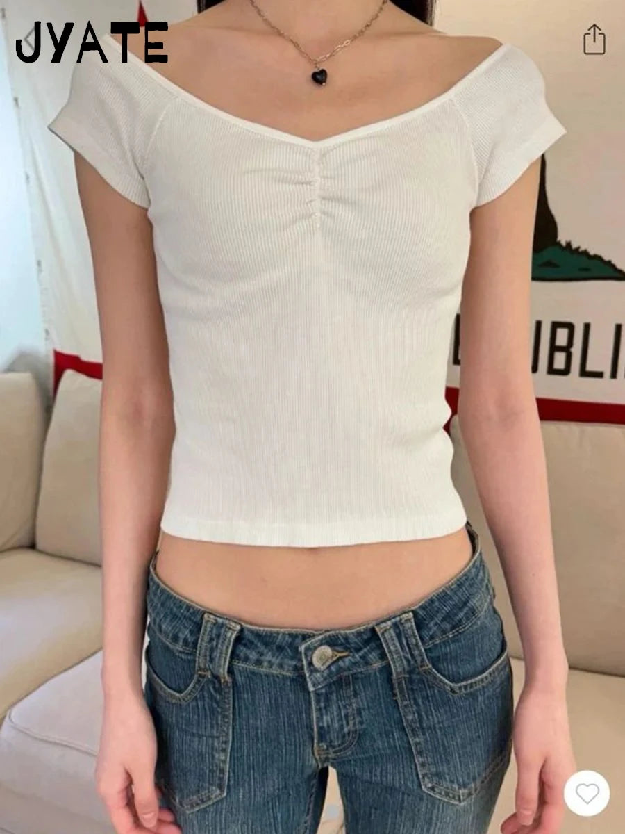 Simple Ribbed Cotton White Folds V-neck T-shirts Women Summer Casual Slim Short Sleeve Cropped Tee Sweet Basic Chic Tops Clothes