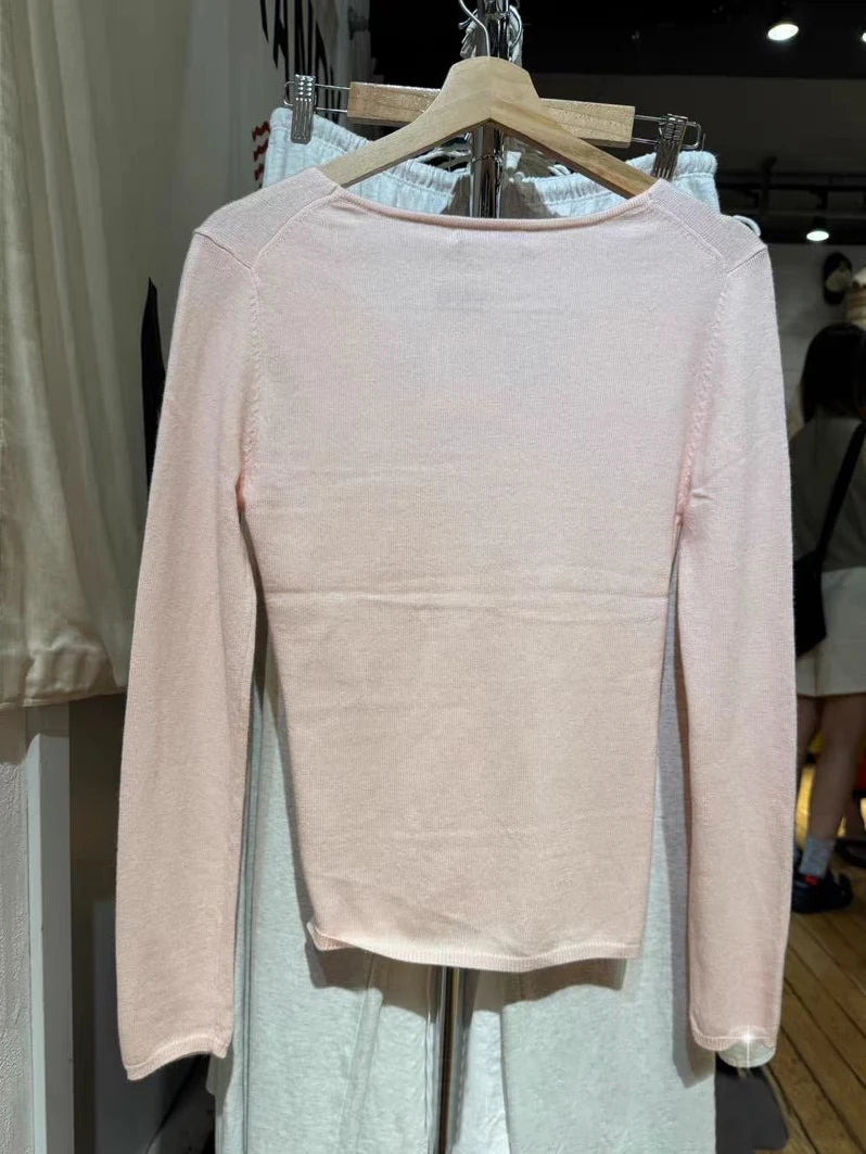 Pink Sweet Knitted Long Sleeve T-Shirt Women Autumn V-Neck Preppy Style Cotton Slim Tee Shirt Casual Cute Knitwear Tshirts Y2K