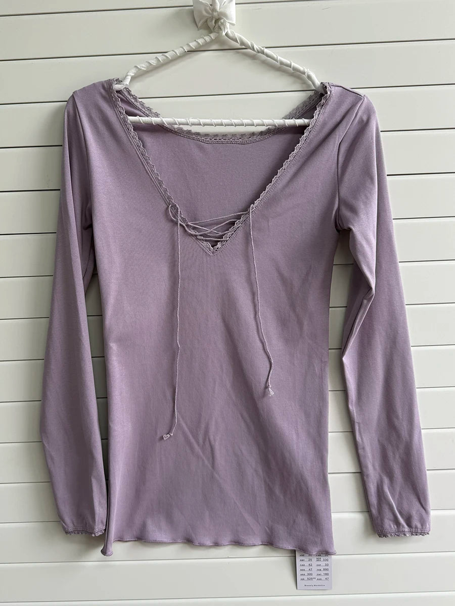 Sweet Lace Trim Long Sleeve Tees Women Casual Simple V-neck Lace-up Cotton Slim Tshirts Female Cute Preppy Style Chic T-shirts