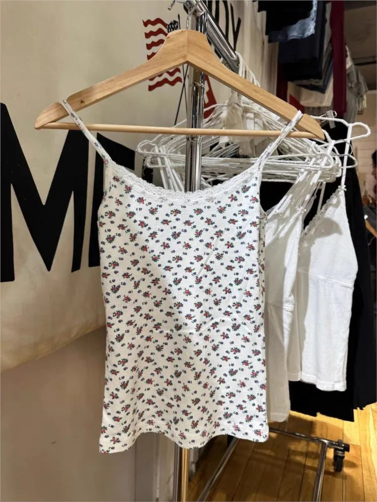 Sweet Red Floral Eyelet Slim Tank Top Women Spring Lace Trim Sleeveless Cotton Crop Tops Casual Cute Preppy Style Y2K Camis New