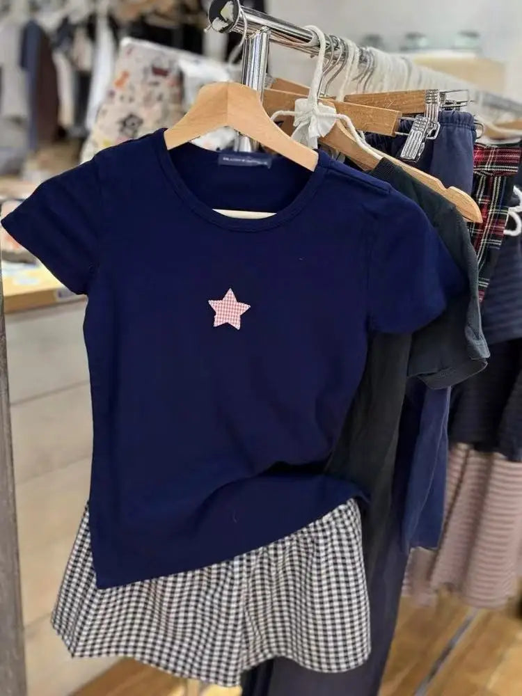 Sweet Strawberry Appliques T-shirt Women Summer Navy Cotton O-neck Short Sleeve Tee Shirts Cute Preppy Style Tshirt Y2K Tops New