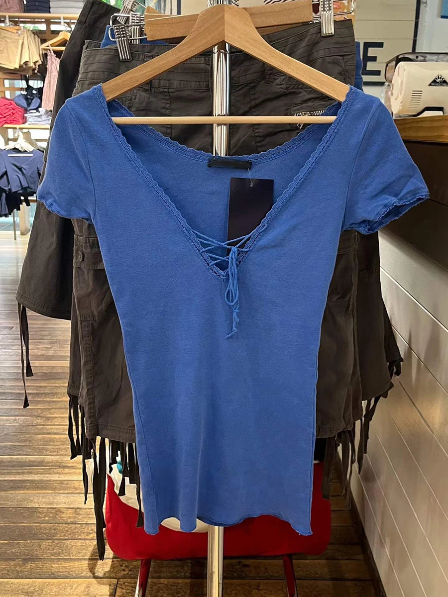 Electric Blue Lace Trim Slim T-shirts Women Streetwear Cotton Lace-up V-neck Short Sleeve Tees Sweet Vintage Simple Tshirts Y2K