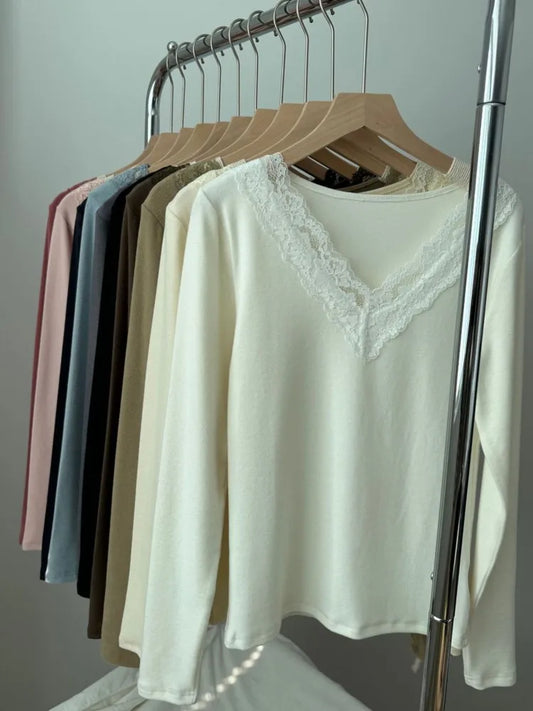 Solid Lace Trim Long Sleeve T-shirt Women Autumn Sexy V-neck Cotton Soft Slim Tees Casual Vintage Sweet Basic Tshirt Y2K Tops