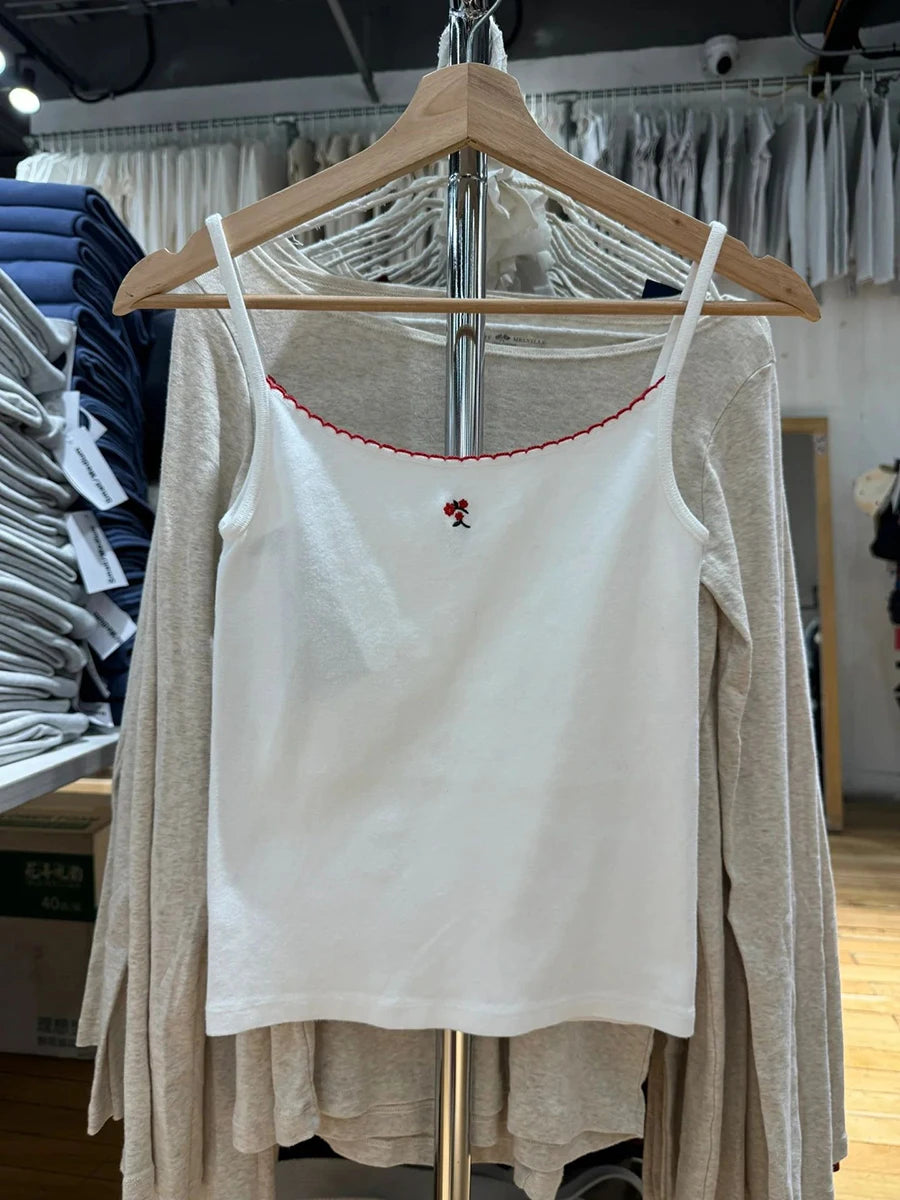 Heart Eyelet Red Bow Camisole Women Casual Slim Lace Trim Sleeveless Cotton Tank Top Female Sweet Cute Preppy Style Crop Tops