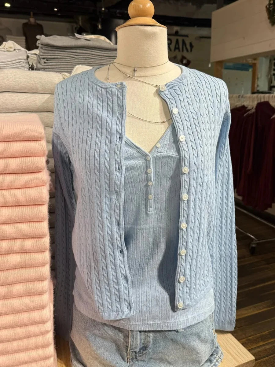 Light Blue Twsited Knitted Cardigan Women Spring Casual Simple Buttons Jumper Chic Preppy Style Sweet Sweaters Y2K