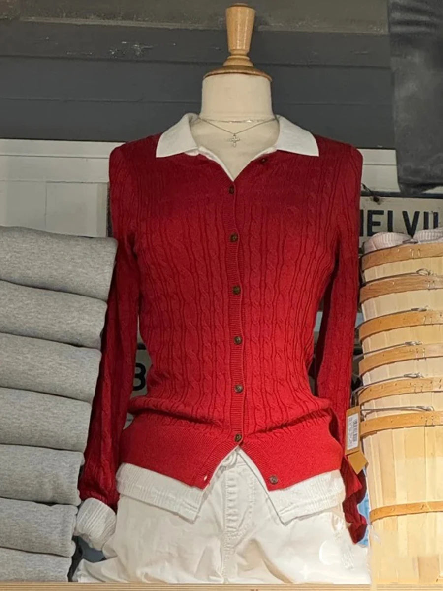 Vintage Twisted Flower Cotton Cardigans Women Streetwear New Slim Thin O-neck Single-Breasted Sweater Casual Sweet Red Knitwear