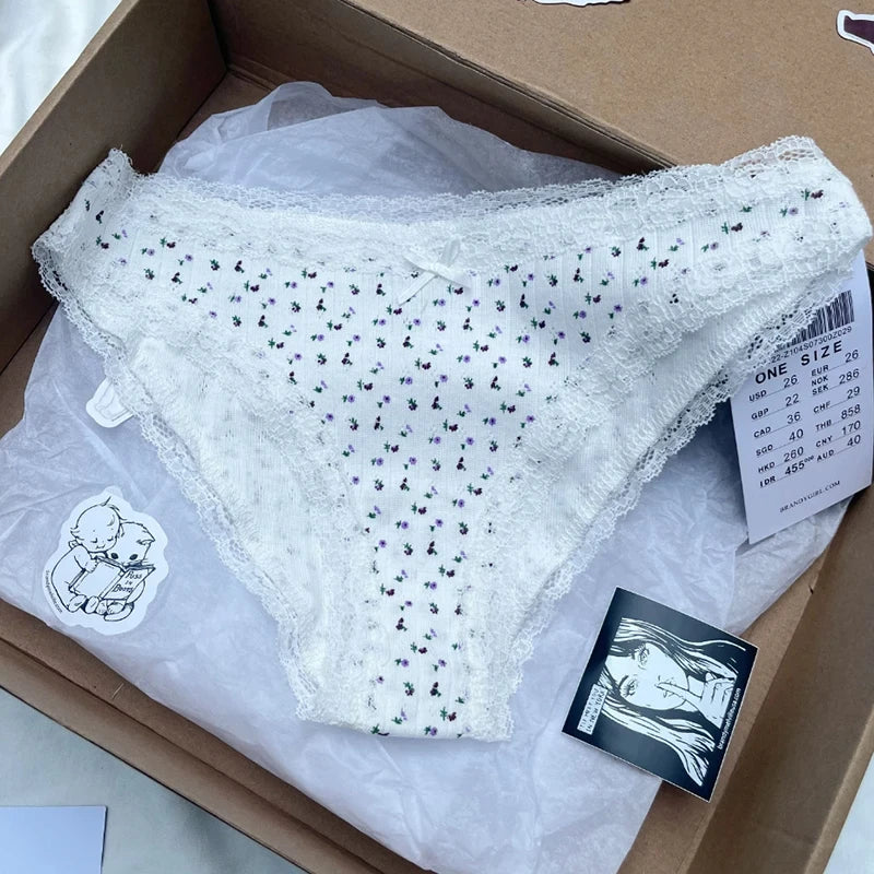 Fashion Floral Print Lace Bow Panitties Women Chic Girls Low Waist Patchwork Cotton Soft Underpants Vintage Sweet Cute Panties