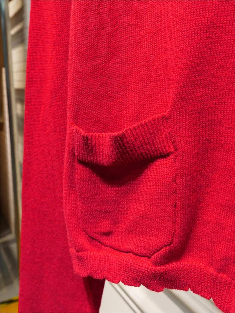 Christmas Red Pockets Slim Knitted Cardigan Woman O-Neck Long Sleeve Cotton Sweaters Sweet Preppy Style Knitwear Coat Tops