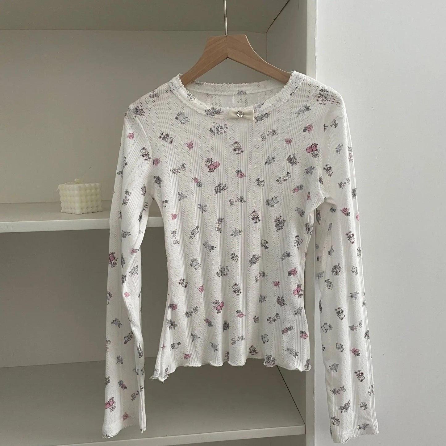 Sweet Lace Trim Long Sleeve Tee Women Summer New Streetwear Casual O-neck Bow Tshirt Tops Vintage Cute Preppy Style T-shirts Y2K