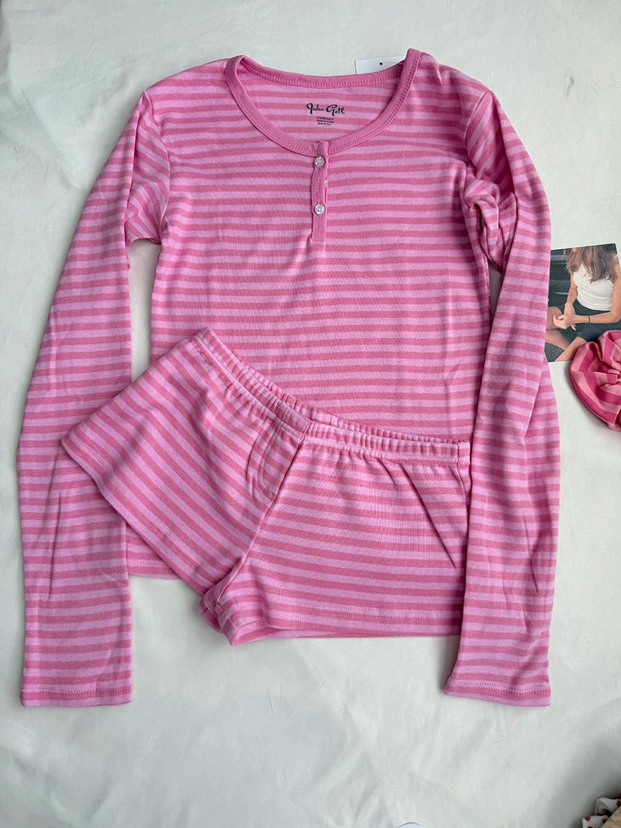 Sweet Pink Striped Collection Tshirt Women Simple Casual Cotton Buttons T-shirts Cute Preppy Style  Y2KCamisole+Slim Short Pants