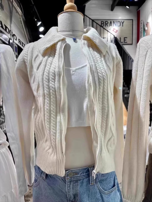 Autumn Twisted Flower Knitted Sweater Cardigan Woman Turn Down Collar Zipper Long Sleeve Coat Sweet Cute Y2k Sweaters Tops