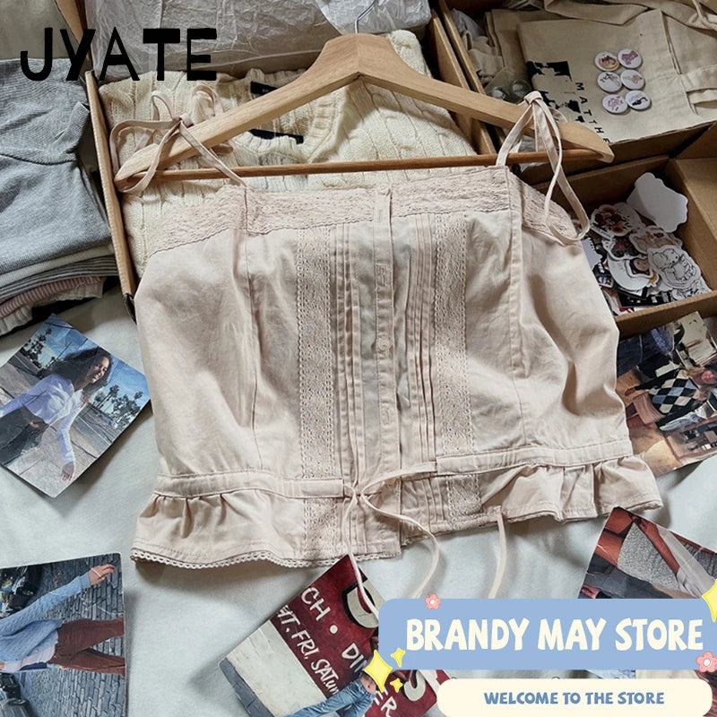 White Buttons Slim Sleeveless Vests Women New Casual Cotton Lace Drawstring Hem Cropped Camis Sweet Cute Vintage Crop Tops Y2K