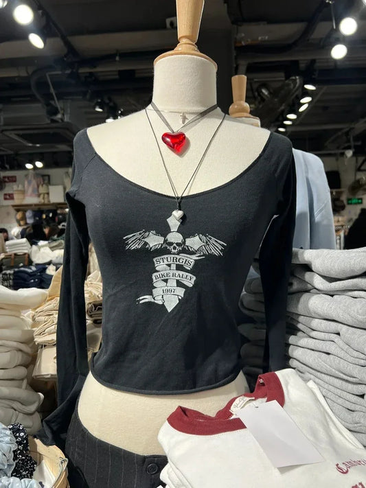 American Cross Print Slim Long Sleeve Crop Top Women Autumn Sexy V-neck Cotton Cropped Tee Vintage Streetwear T-shirts Y2k Tops