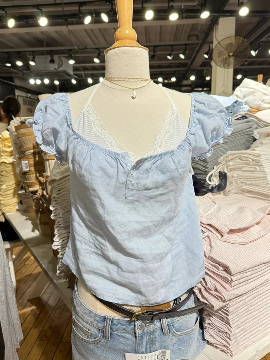 White 5 Buttons Lace-up Ruffles Sleeve Tees Women Summer Casual Flax Cotton U-neck Tops Sweet Preppy Style Cute T-shirts New Y2K