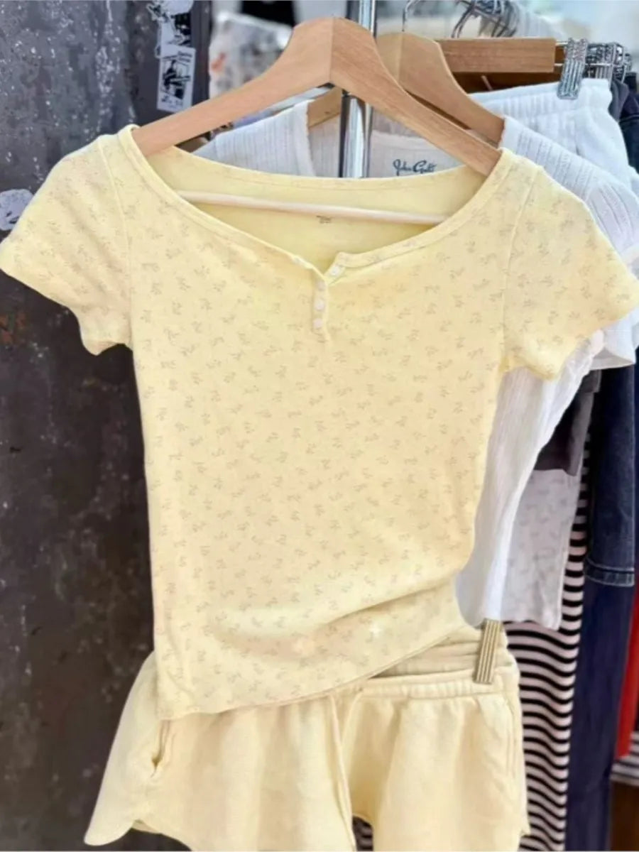 Floral Yellow Home Pajama Sets Women Summer Eyelet Tees Waffle Straight Short Pant Sweet T-shirt Shorts Sweet 2 Pieces Outfits