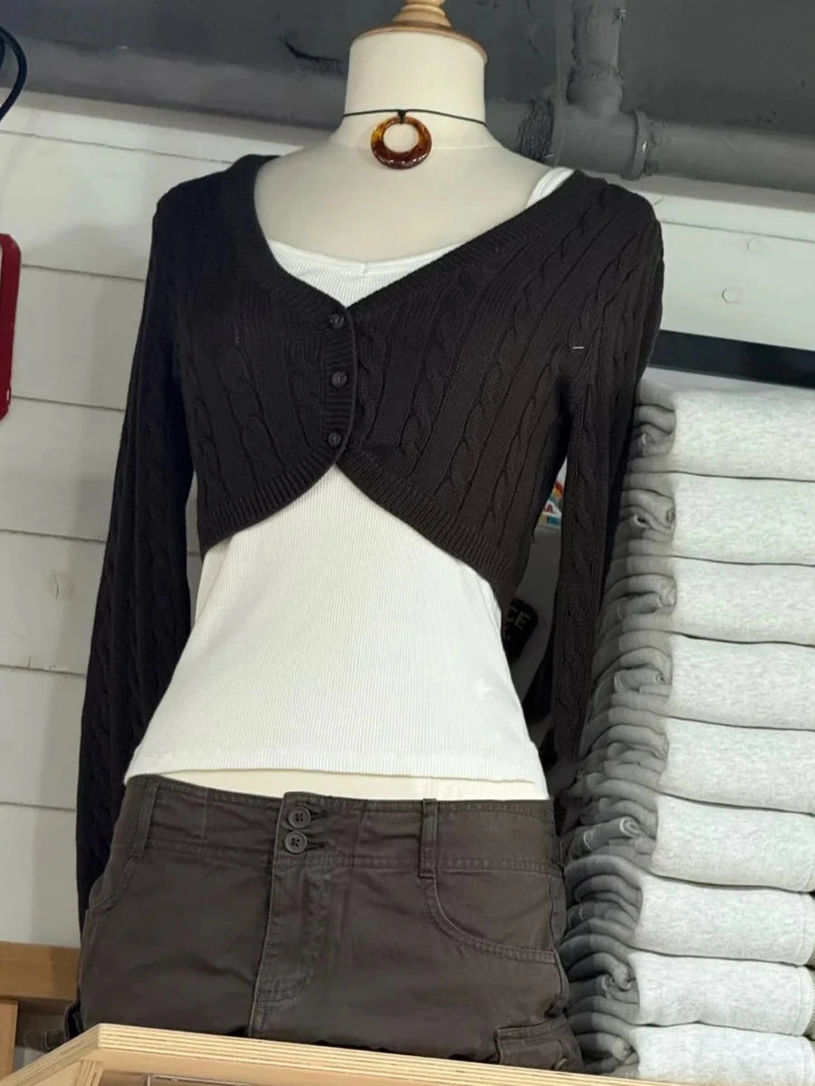 Twist Flower Cropped Cardigan Woman V-neck Single Breasted Short Sleeve Knitted Crop Tops Autumn Sweet Cotton Knitwear y2k