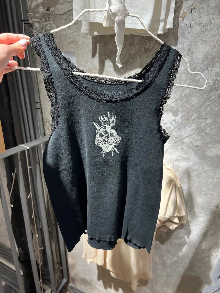 Cute Cartoon Print Lace Trim Vests Women Summer White Cotton Soft O-neck Tank Tops Female Sweet Casual Vintage Chic Y2K Crop Top