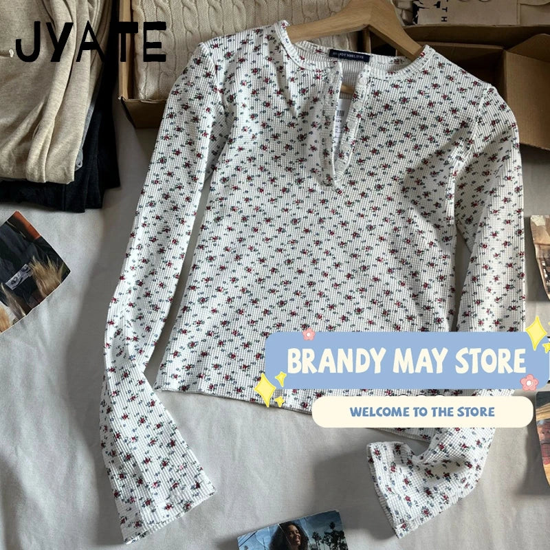 Red Floral Waffle Long Sleeve T-Shirt Women Autumn Buttons O-Neck Cotton Slim Tee Shirts Harajuku Sweet Vintage Tshirt Y2k Tops