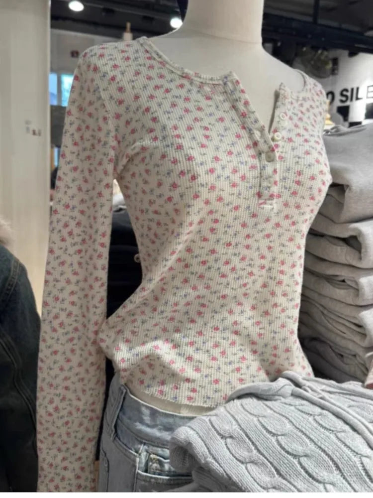 Waffle Pink Floral Long Sleeve T-Shirt Women Buttons Round Neck Cotton Slim Tee Top Sweet Cute Preppy Style Y2K Tshirt