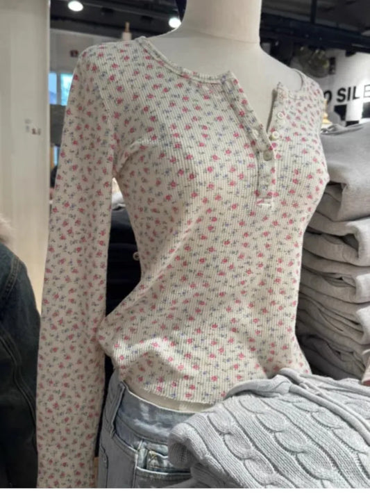Waffle Pink Floral Long Sleeve T-Shirt Women Buttons Round Neck Cotton Slim Tee Top Sweet Cute Preppy Style Y2K Tshirt