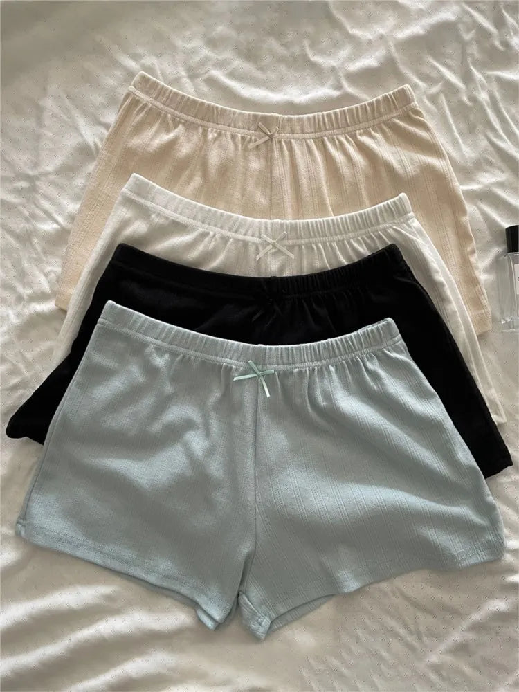 Sweet Eyelet Straight Bow Sweatshorts Women Summer New Elastic Waist Cotton Short Pant Casual Solid Basic Home Pajama Shorts Y2K