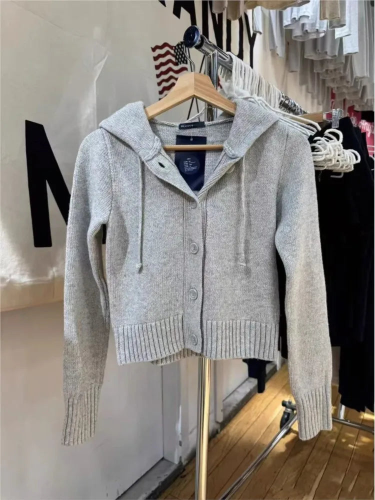 Autumn Gray Cotton Crop Sweater Cardigan Women Buttons Slim Hooded Long Sleeve Knitted Hoodie Cute Preppy Style Sweet Sweaters