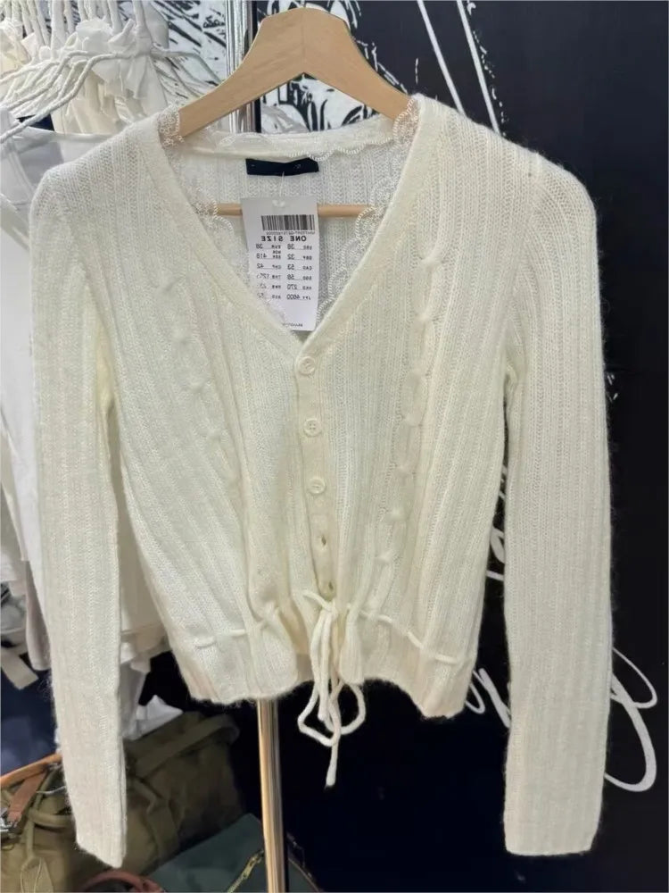 Sweet Lace Trim Twisted Flower Sweater Coat Women Autumn New Cotton Sexy V-neck Slim Crop Tops Casual Vintage Chic Cardigan Y2K