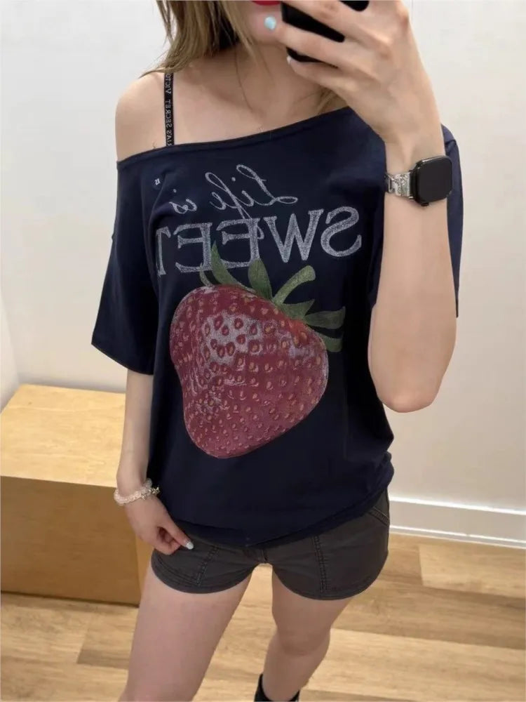 Strawberry Print Cotton T-shirts Women Summer Sexy Slash Neck Loose Short Sleeve Tees Female Sweet Streetwear Preppy Style Tops