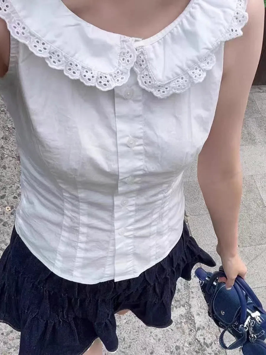 White Lace Trim Button Tank Tops Women Summer New Streetwear Slim Cotton Crop Top Female Sweet Casual Preppy Style T-shirts Y2K