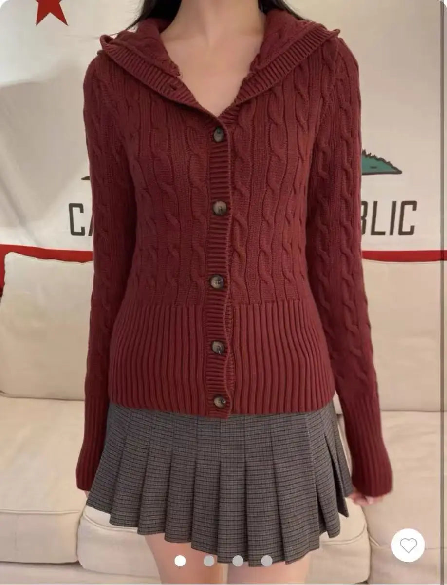 Twist Flower Beige Buttons Slim Sweater Women Autumn Pocket Hooded Long Sleeve Knitted Hoodie Sweet Preppy Style Simple Sweaters