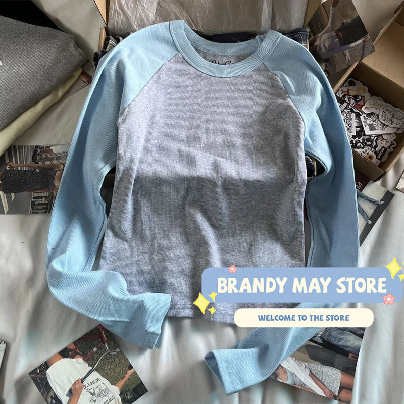 Retro Patchwork Ribbed T-shirt Women Autumn Casual O-Neck Cotton Long Sleeve Tee Shirt Vintage Streetwear Chic T Shirt Y2K Tops