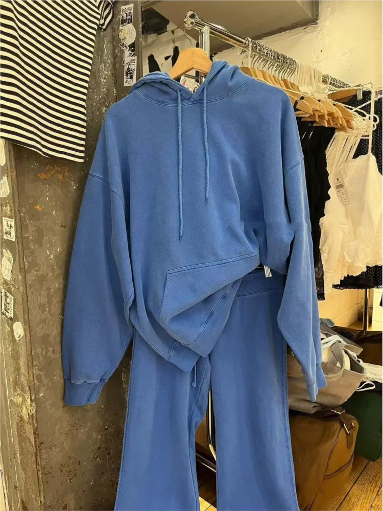 Electric Blue Loose Sweatshirts Women Autumn Preppy Style Warm Cotton Casual Pullover Top Fashion Chic Oversize Y2K Hoodies New
