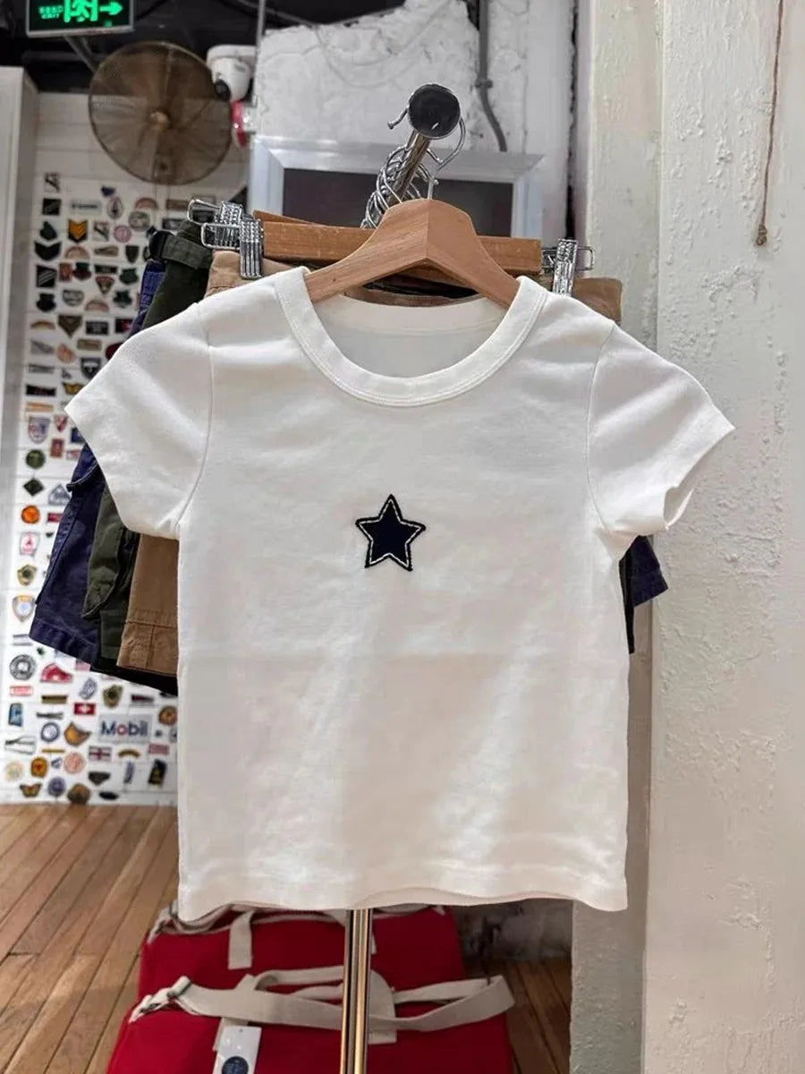 Sweet Star Appliques Slim Crop Top Woman Round Neck Short Sleeve Cotton Cropped T Shirt Summer Cute All-match T-shirts Y2K Tops