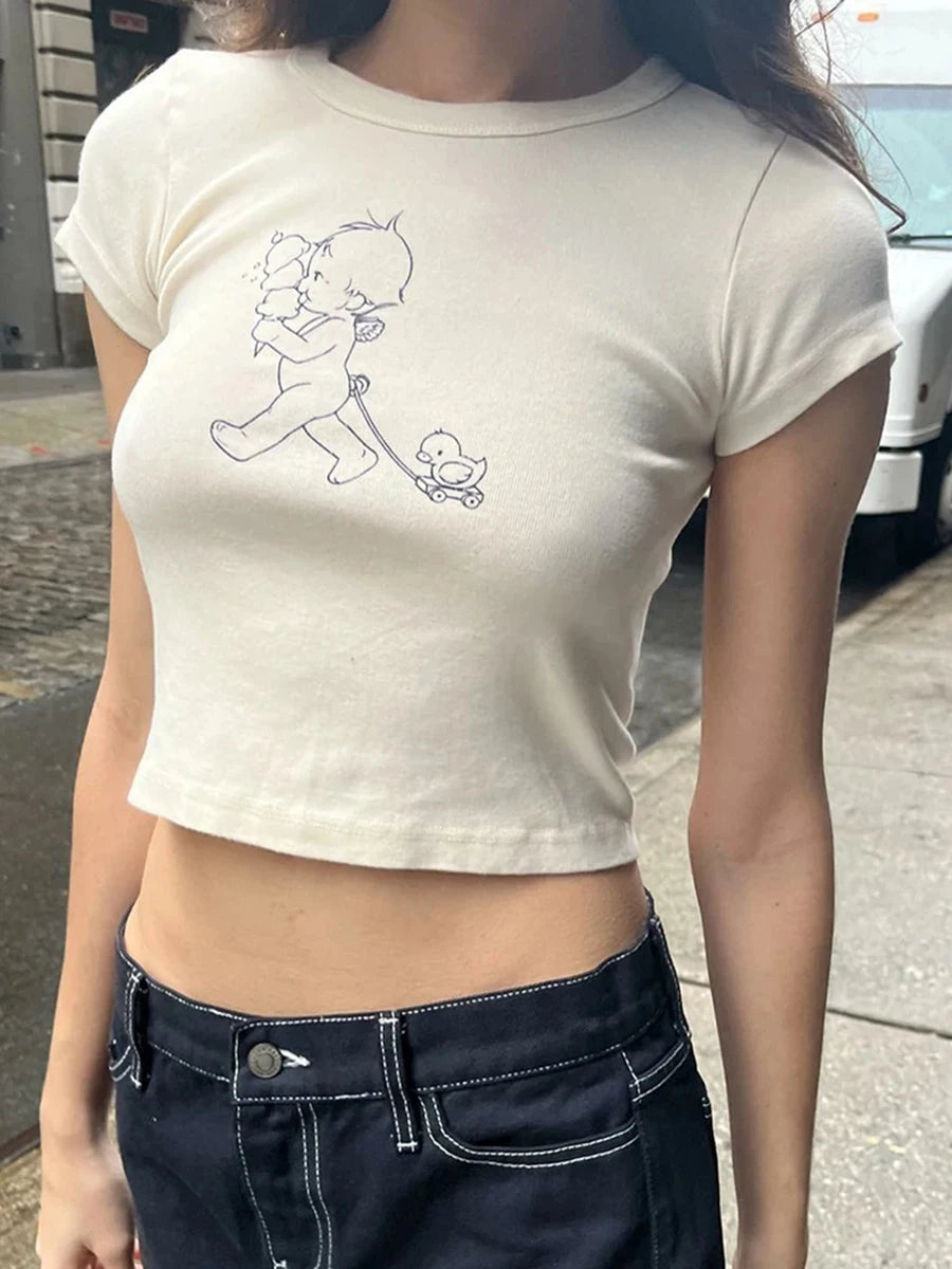 Sweet Angel Bear Print Pink Crop Tops Women New Cotton O-neck Casual Slim Cropped Tees Shirt Cute Preppy Style Chic T-shirts Y2K