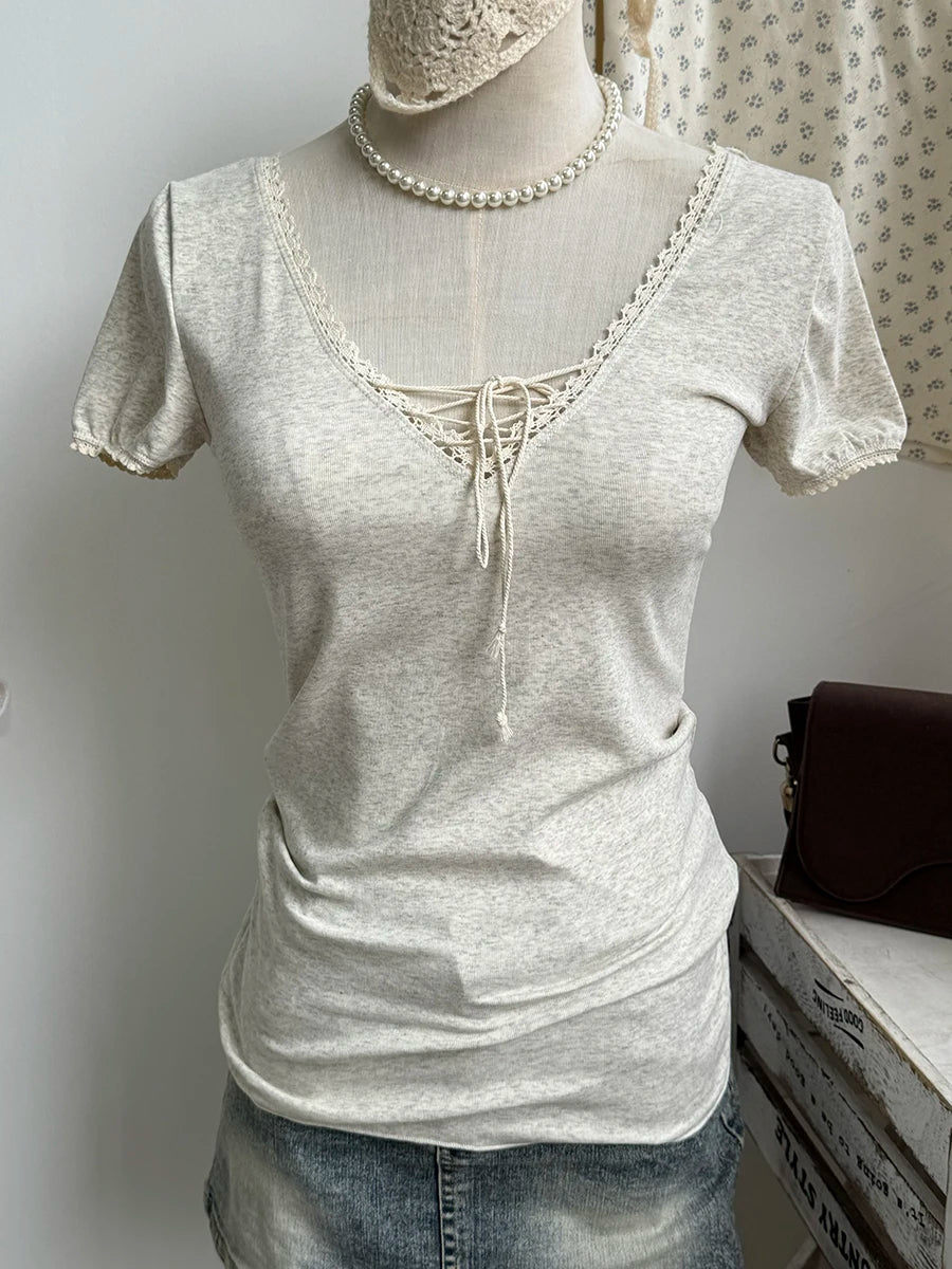 Pink Lace Trim Slim T-shirts Women Summer Streetwear Cotton Lace-up V-neck Short Sleeve Tees Cute Sweet Simple Chic Tshirts