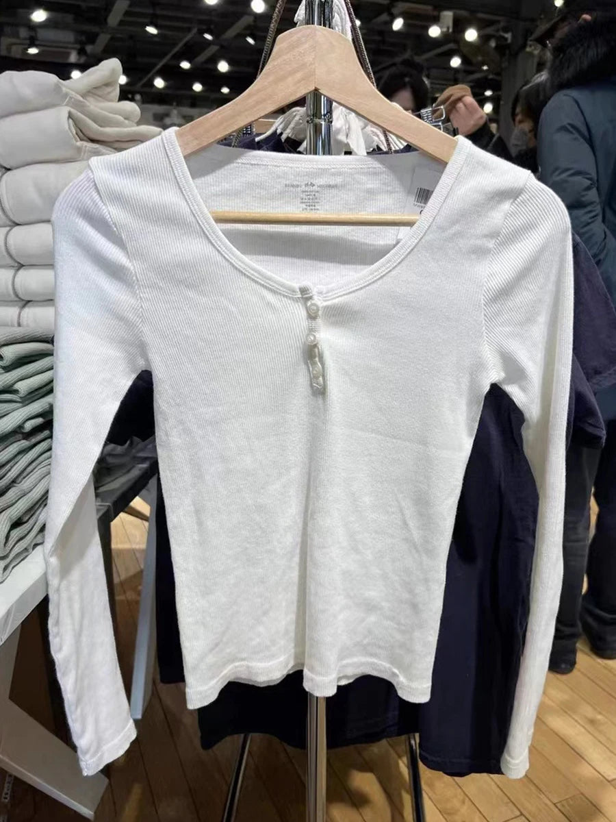 Buttons Ribbed Long Sleeve T-shirts Women Spring Soft Cotton Round Neck Vintage Top Female Solid Simple Y2k Streetwear Tees 2023