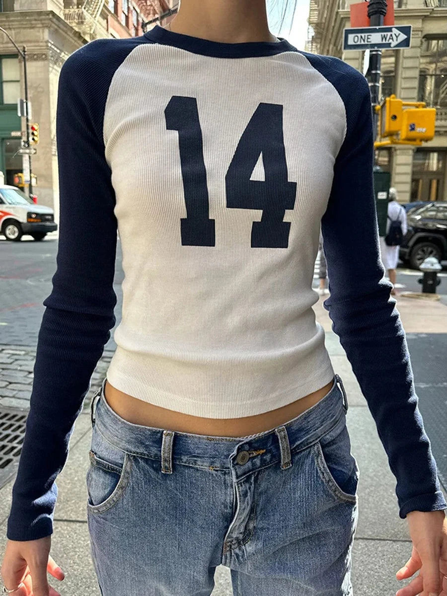 Vintage Patchwork 14 Print Slim Long Sleeve Tee Women Casual O-neck Ribbed Cotton Street Simple Tops Sweet Harajuku T-shirts Y2K