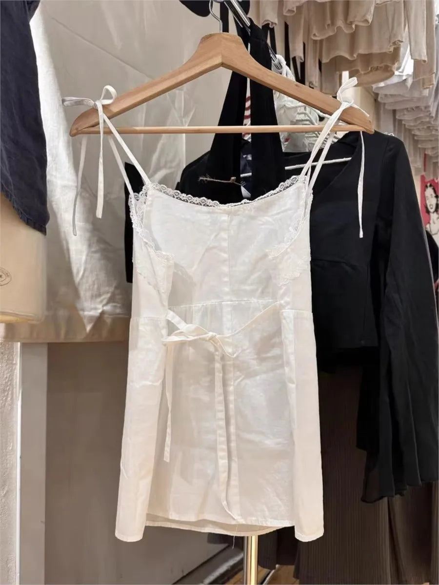 Sweet White Lace Trim Tank Tops Women Summer New Casual V-neck Lace-up Sleeveless Camisole Female Cute Preppy Style Vest Y2K Top