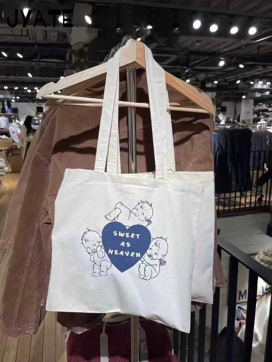 Canvas Cute Cartoon Print Shoulder Bags Female White Simple Large Capacity Messenger Hobo Casual Fashion Women's Crossbody Bag