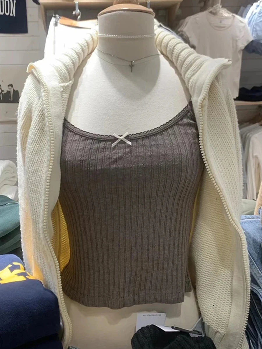 Retro Ribbed Knit Bow Camis Women Summer New Cotton Lace Trim Casual Sleeveless Tank Tops Sweet Vintage Chic Slim Crop Top Y2K