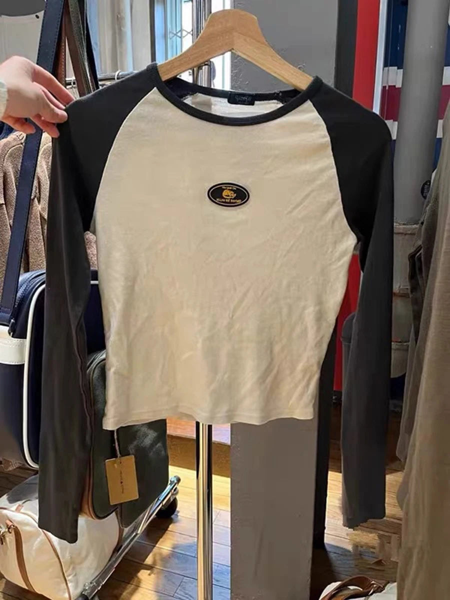 Patchwork Slim Long Sleeve Tops Women Casual Simple Cotton Letter Print Streetwear Tee Female Fashion Vintage Chic Y2K T-shirts