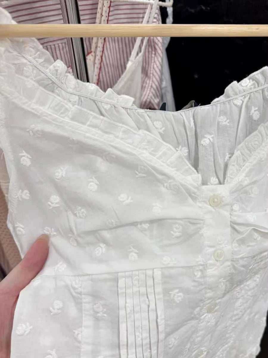 Floral Embroidery Folds Blouse Top Women Summer Single Breasted Ruffle Sleeveless Tank Tops Vest Sweet Cute American Camis New