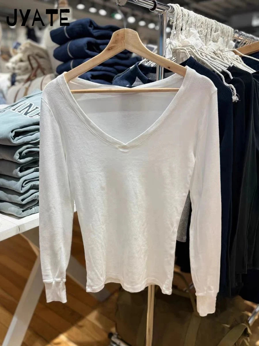 White V-neck Basic Long Sleeve Tees Women New Cotton Soft Simple Casual Slim Cute Tops Clothes Vintage Preppy Style T-shirts Y2K
